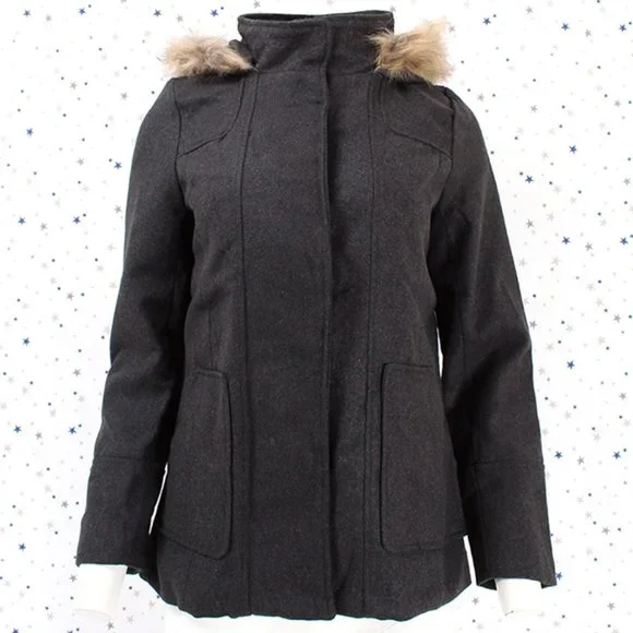 Charcoal Faux Fur Hooded Wool Blend Coat Jacket - Picture 2 of 9